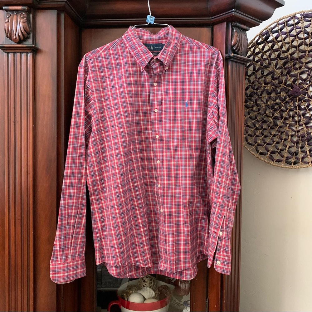 Ralph Lauren Red Blue Plaid Custom Fit Long Sleeve Button Down Mens XL Blue Pony